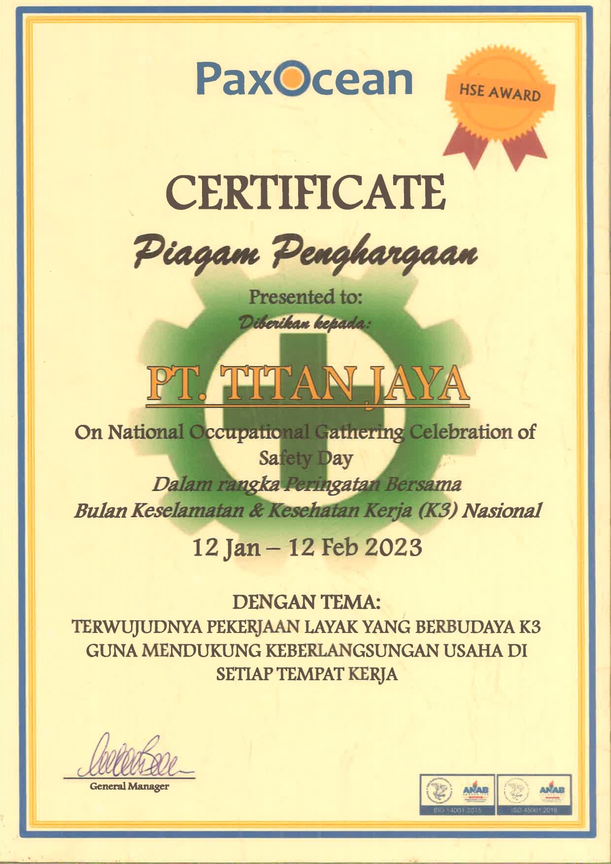 PT Titan Jaya K3 Certificate 2023